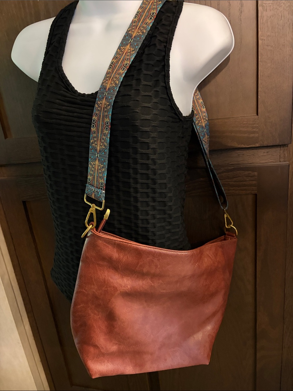 Brown Leather Hobo Bag with Patterned Crossbody Strap
